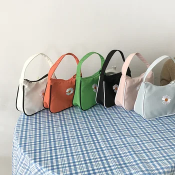 Дамски малка холщовая чанта с бродерия маргаритки, малка чанта-тоут, модерна чанта под мишниците, осветление, дизайн на полумесец, текстилен портфейл, чанта за грим