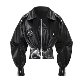 Дамски черна къса яке за мотобайкеров с висока талия и дълъг ръкав