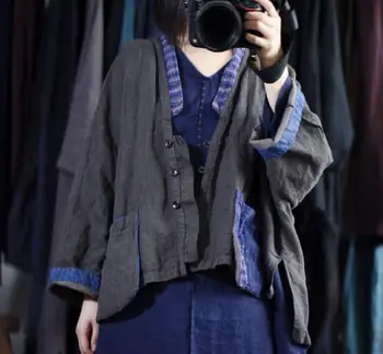 Дамски якета в стил мозайка с V образно деколте, от фин памук и лен с дълъг ръкав, оригинален есенна жилетка с контрастиращ цвят, дамски блуза