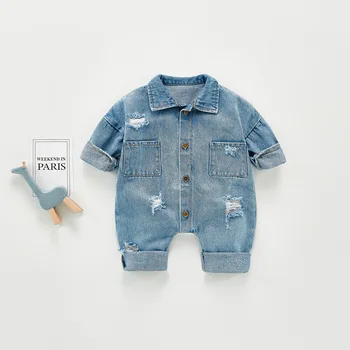 Детско демисезонное модно джинсовое боди за малки момчета и момичета, гащеризон с перфорации и дълги ръкави, връхни дрехи за новородени, гащеризон