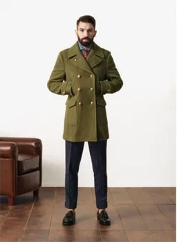 Древното зелено мъжко палто Чаоцзюнь мек яка със средна дължина, британска личност, тканевое палта за мъже
