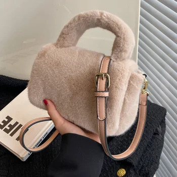 Зимна мода плюшен чанта на рамото с горната дръжка, женска малка кожа чанта-тоут с капак, кожа чанта през рамо, чантата