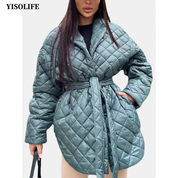 Зимна стеганая яке YISOLIFE за жени, със средна дължина, якета с подплата, под формата на диаманти, лека връхни дрехи, палто с мирис и колан на талията