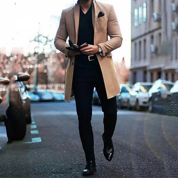 Зимно мъжко палто, модерен мъжки широки дълъг тренч цвят каки, класически есенно-зимно дълго яке, мъжко ежедневното палто