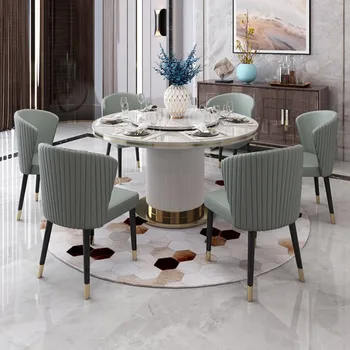 Комбинация от леки луксозна маса за хранене и столове, модерна минималистичная хол, правоъгълна мраморна маса за хранене