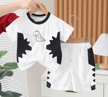 Летни дрехи за малки момчета, детски пуловери в стил мозайка с принтом динозавър, тениски и къси панталони, комплект от две части за малки момчета