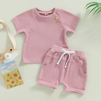 Летни дрехи за новородени, 2 броя, трикотажная тениска с къс ръкав и къси панталони с възел отпред, комплект от 0 до 3 години