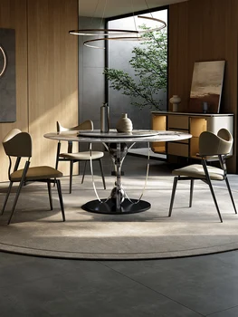 Луксозна и елегантна кръгла маса от каменни плочи и комбинация от стола прост модерен дом луксозна италианска маса