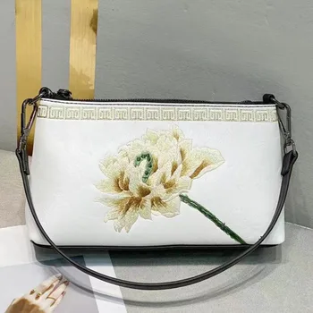 Луксозна кожена проста чанта-месинджър през Рамо дамски чанти-месинджър 2023, ретро чанта през рамо с цветна бродерия, женски Чонсам
