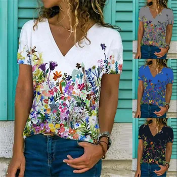 Лятна Ежедневни тениски с V-образно деколте и къс ръкав и цветна принтом 2023, Дамски Модни Градинска Популярна тениска с къс ръкав