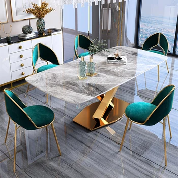 Маса за хранене е от каменни плочи лесен луксозен модерен прост висококачествен мрамор правоъгълна маса за хранене за домашна употреба комбиниран стол