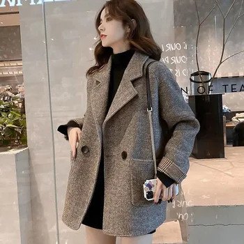 Модерен дамски висококачествена вълнена куртка, есенни палта в стил ретро, Вълнена куртка, Без ежедневно яке, Топ, Офис женски професионален костюм