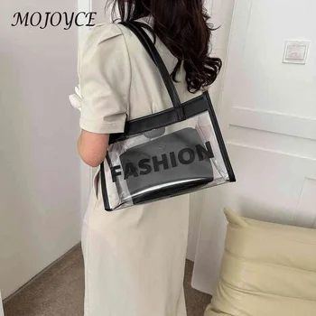 Модерна чанта през рамо, мека прозрачна чанта под мишниците, благородна голяма чанта за момичета, водоустойчива чанта с цип от PVC с писмото принтом, нови