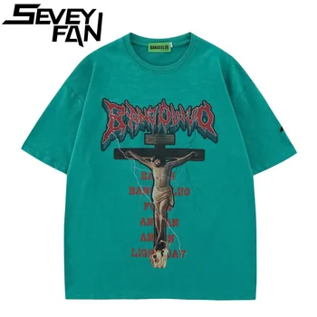 Мъжка лятна риза SEVEYFAN в стил хип-хоп, кръста на Исус, готически тениски с писмото принтом, тениски Hi Street Leisure, широки ризи с къс ръкав