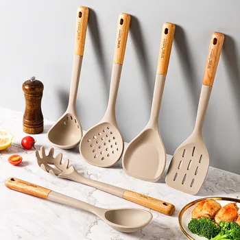 Набор от кухненски аксесоари с силиконовата дървена дръжка, на Плешката, гевгир, Модерна минималистичная съдове за готвене с незалепващо покритие, Инструменти за готвене и печене