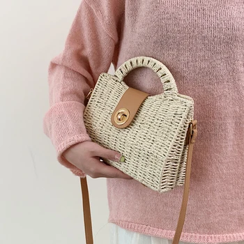 Нова Дамска чанта за през рамото от ратан и слама, модерни плажни чанти, лятна тенденция тканая чанта през рамо с горната дръжка, чанти и портмонета