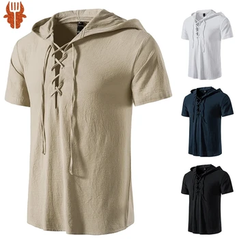 Нова Мъжка тениска с V-образно деколте, лятна мъжка тениска с къси ръкави от памук и лен, ежедневни мъжки t-shirt с led подсветка, мъжки дишаща риза