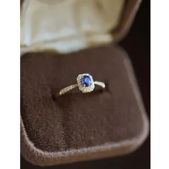Пръстен от сребро 925 проба със злато 14к със син цирконий, Модни Леки Луксозни Реколтата, бижута Сватба, Годежни пръстени за жени