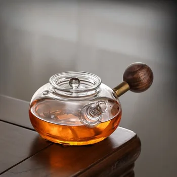 Стъклен чайник огнеупорни, с дебела филтър, кана за подгряване на чай със странична дръжка, чайник да ври с 600 мл