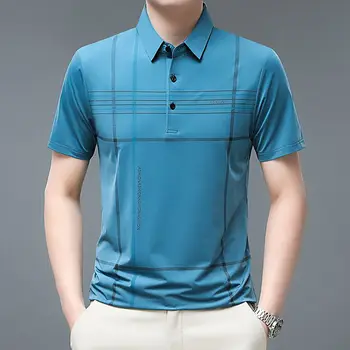 Тениска от мерсеризованного памук с къс ръкав, мъжки поло риза в корея ивица, тенденция риза на средна възраст от ледената коприна, хлъзгав тънка риза