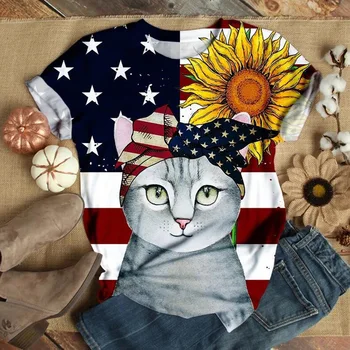 Тениски с 3D принтом американския Котка, Дамски Модни Тениски Оверсайз с Флага на САЩ, Тениски, Ежедневни Блузи с къс ръкав, Ризи с Животни, Тениска За Момичета