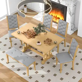 Трапезария апартамент в ретро стил от 6 теми с крака за маса с уникален дизайн и покрити с поролоном облегалки, седалки и възглавници за хранене (Мивка от естествено дърво
