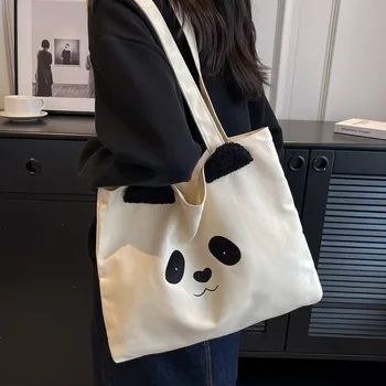 Чанта 2023, нова, японска проста чанта-тоут, холщовая чанта със сладък пандой, по-голямата голям чанта през рамо, женствена чанта